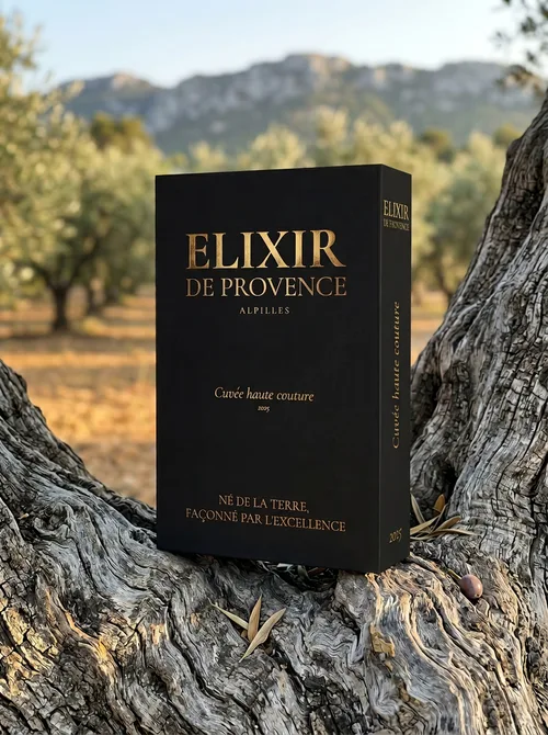 Coffret Cuvée Haute Couture fermé, posé sur une souche d'olivier centenaire face aux Alpilles