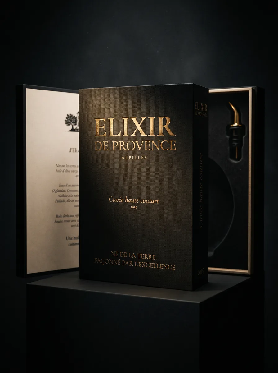 Coffret ouvert révélant le verseur doré dans son écrin de velours