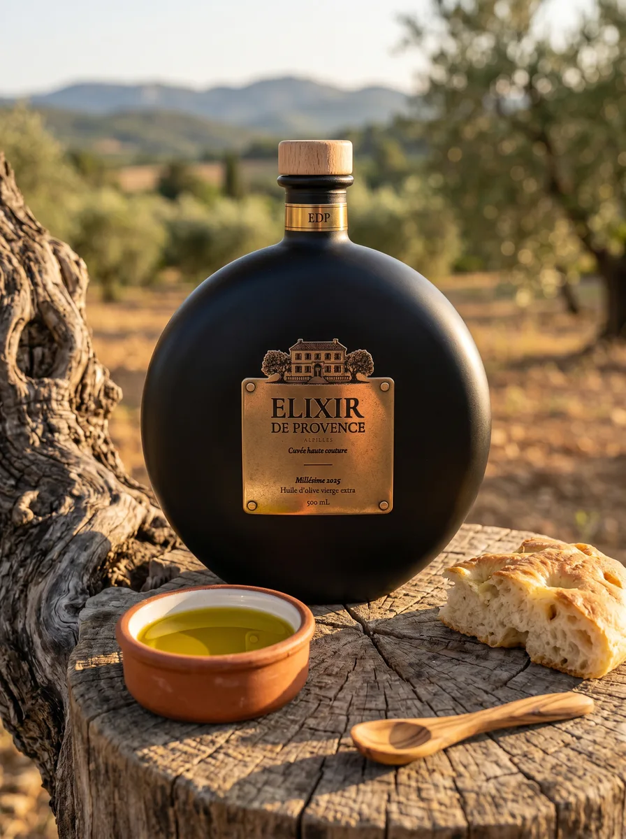 Flacon Cuvée Haute Couture sur souche d'olivier avec pain et olives