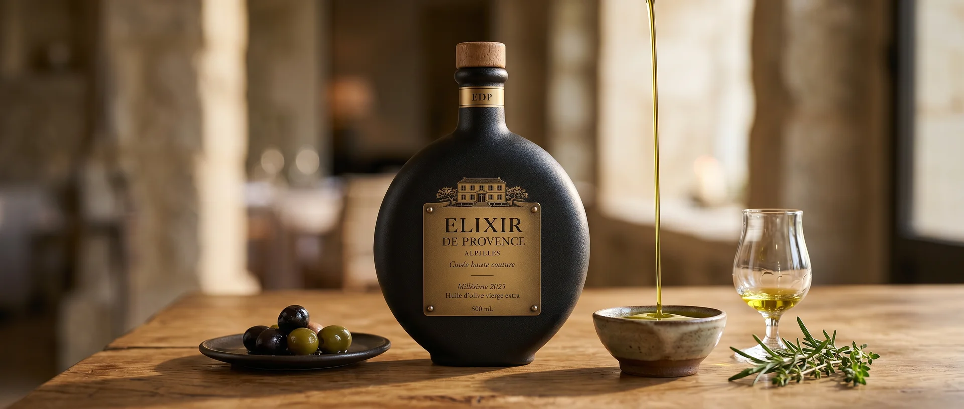 Flacon Cuvée Haute Couture Élixir de Provence — huile d'olive vierge extra des Alpilles, édition limitée 700 exemplaires