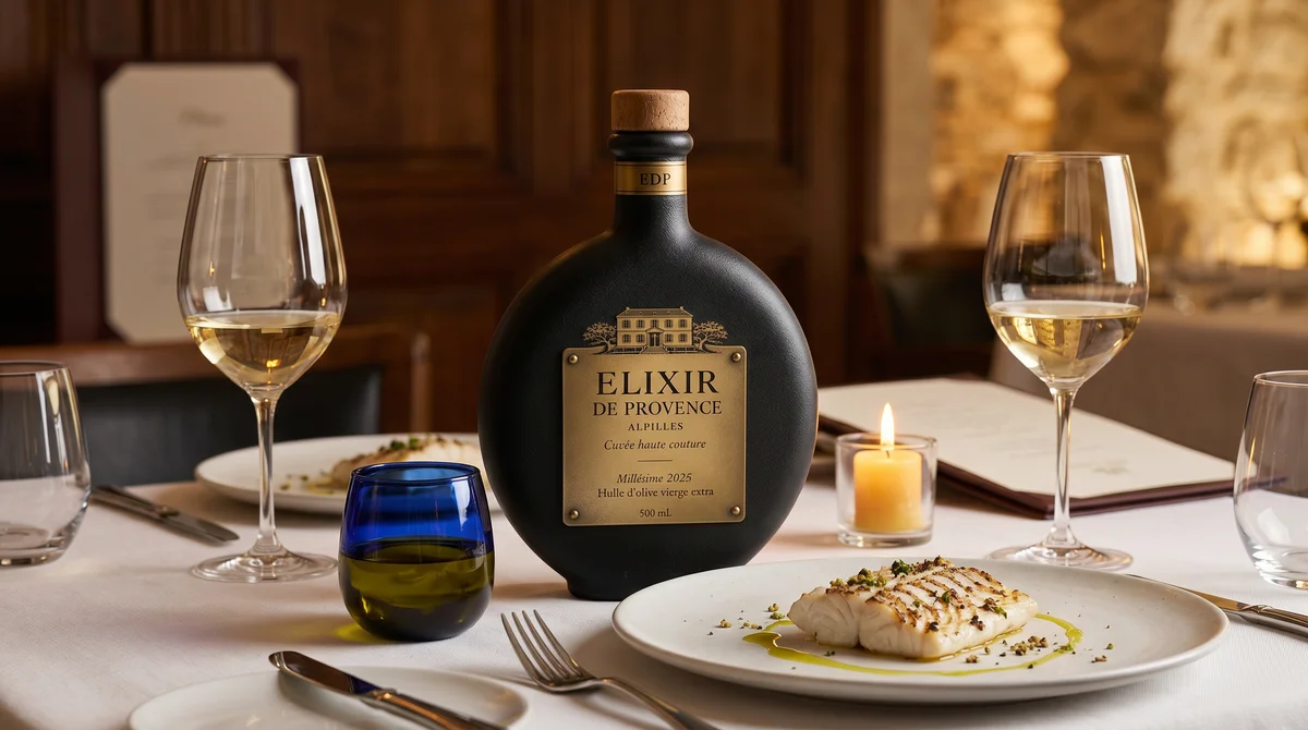 Flacon Cuvée Haute Couture Élixir de Provence sur une souche d'olivier avec pain et olives des Alpilles