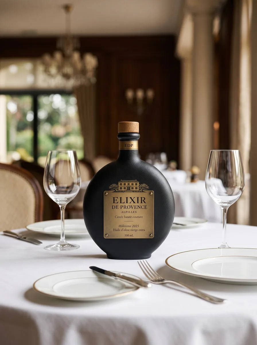 Flacon Cuvée Haute Couture sur une table dressée de restaurant gastronomique