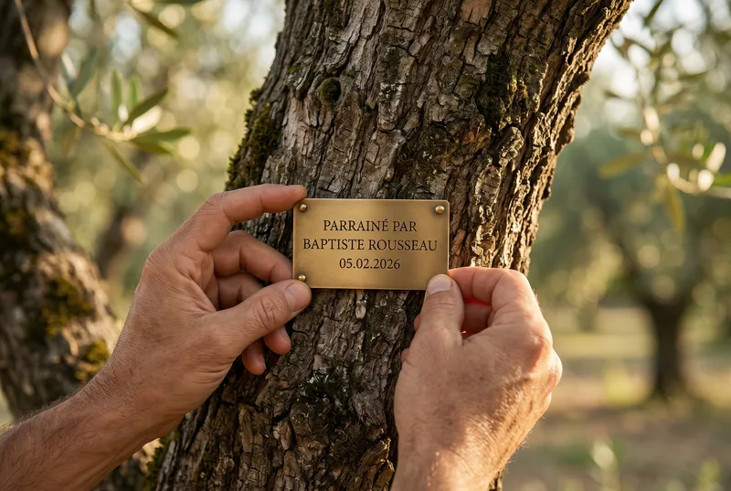 Plaque gravée nominative fixée au pied d'un olivier centenaire — parrainage d'olivier Élixir de Provence