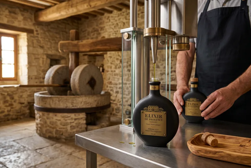 Mise en bouteille artisanale de la Cuvée Haute Couture Élixir de Provence, première pression à froid