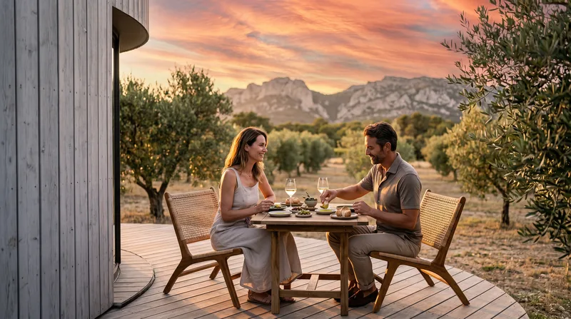 Terrasse d'une tiny house écologique au coucher de soleil dans l'oliveraie des Alpilles en Provence