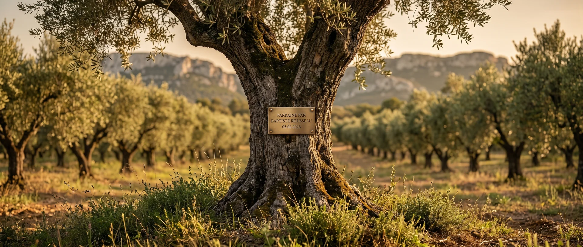 Plaque en laiton gravée sur le tronc d'un olivier — parrainage Élixir de Provence, Alpilles