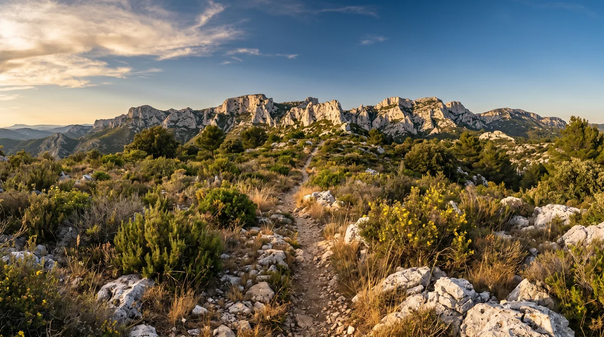 Allée d'oliviers centenaires dans les Alpilles, sol calcaire blanc, lumière rasante de Provence