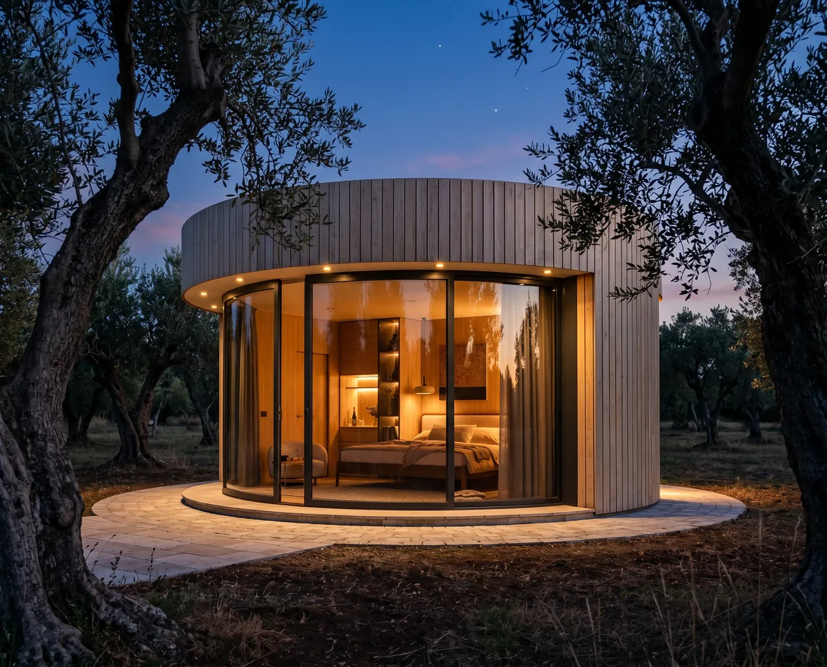 Tiny house au crépuscule, intérieur éclairé, oliveraie environnante
