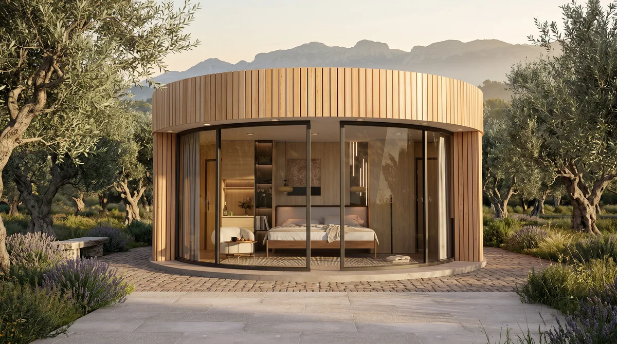 Tiny house au coucher de soleil, lavande et oliviers centenaires