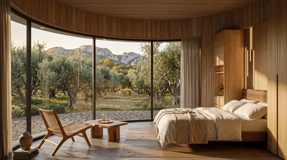 Chambre d'une tiny house avec vue panoramique sur l'oliveraie et les Alpilles