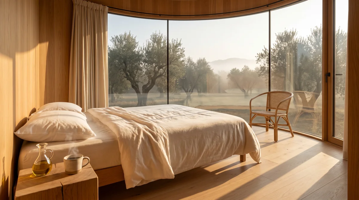 Tiny House au crépuscule dans l'oliveraie des Alpilles — lumière intérieure chaleureuse, Élixir de Provence