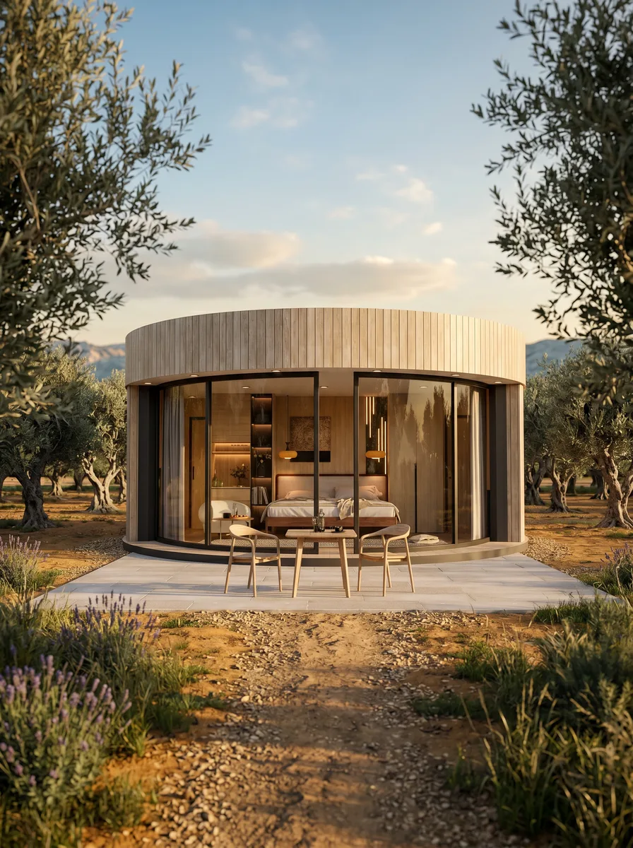 Terrasse d'une tiny house en plein jour, oliviers et Alpilles en arrière-plan